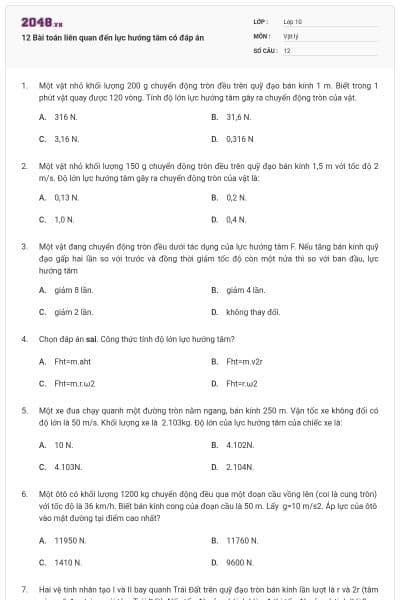 12 Bài toán liên quan đến lực hướng tâm có đáp án