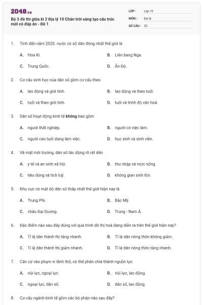 Bộ 3 đề thi giữa kì 2 Địa lý 10 Chân trời sáng tạo cấu trúc mới có đáp án - Đề 1