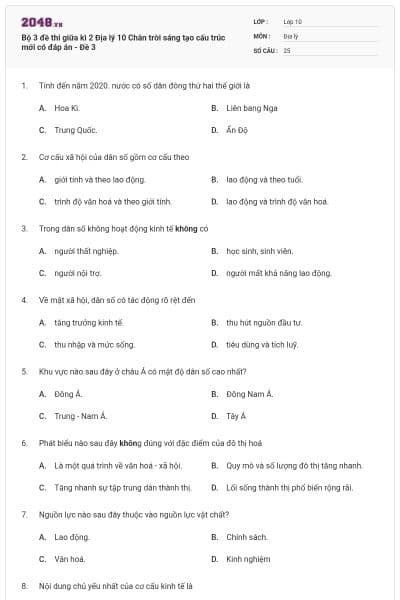 Bộ 3 đề thi giữa kì 2 Địa lý 10 Chân trời sáng tạo cấu trúc mới có đáp án - Đề 3