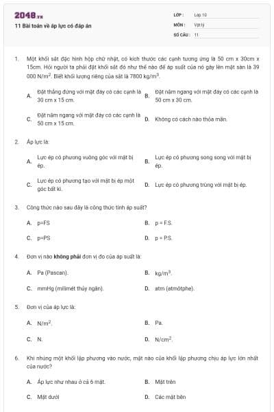 11 Bài toán về áp lực có đáp án