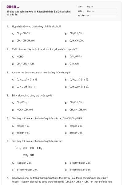 30 câu trắc nghiệm Hóa 11 Kết nối tri thức Bài 20: Alcohol có đáp án