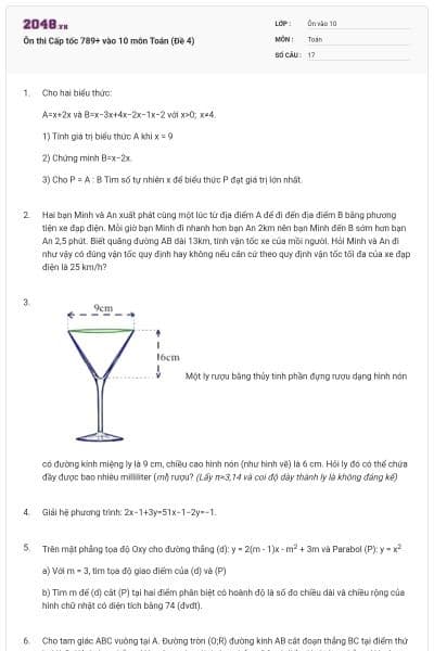 Ôn thi Cấp tốc 789+ vào 10 môn Toán (Đề 4)