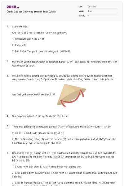 Ôn thi Cấp tốc 789+ vào 10 môn Toán (Đề 5)