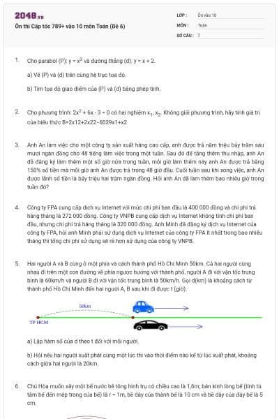 Ôn thi Cấp tốc 789+ vào 10 môn Toán (Đề 6)
