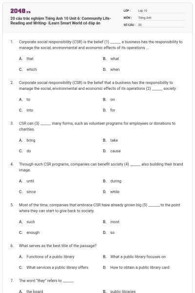 20 câu trắc nghiệm Tiếng Anh 10 Unit 6: Community Life-Reading and Writing- iLearn Smart World có đáp án