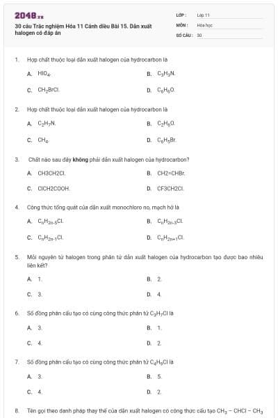 30 câu Trắc nghiệm Hóa 11 Cánh diều Bài 15. Dẫn xuất halogen có đáp án