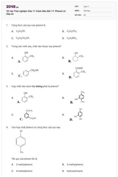 30 câu Trắc nghiệm Hóa 11 Cánh diều Bài 17: Phenol có đáp án