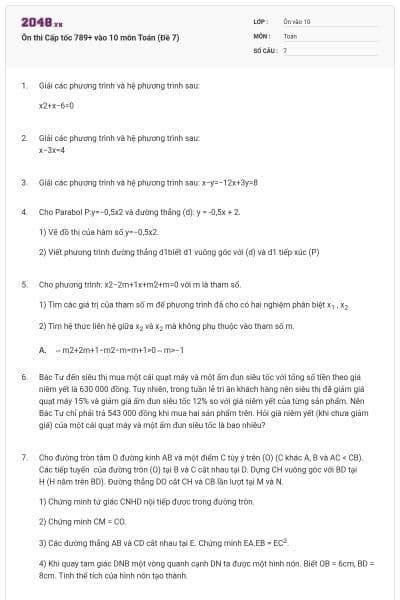Ôn thi Cấp tốc 789+ vào 10 môn Toán (Đề 7)
