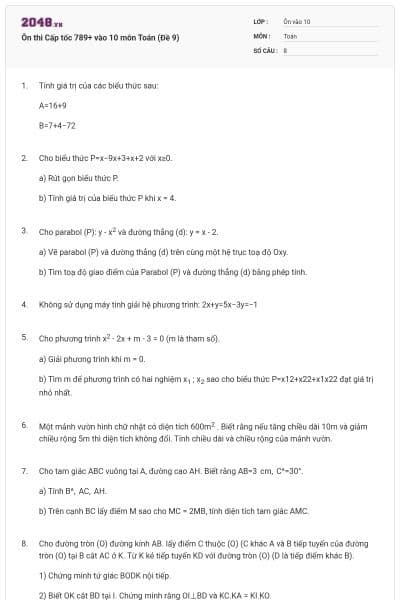 Ôn thi Cấp tốc 789+ vào 10 môn Toán (Đề 9)