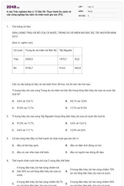 6 câu Trắc nghiệm Địa Lí 12 Bài 38: Thực hành:So sánh về cây công nghiệp lâu năm và chăn nuôi gia súc (P2)
