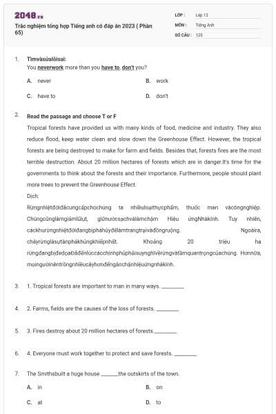 Trắc nghiệm tổng hợp Tiếng anh có đáp án 2023 ( Phần 65)