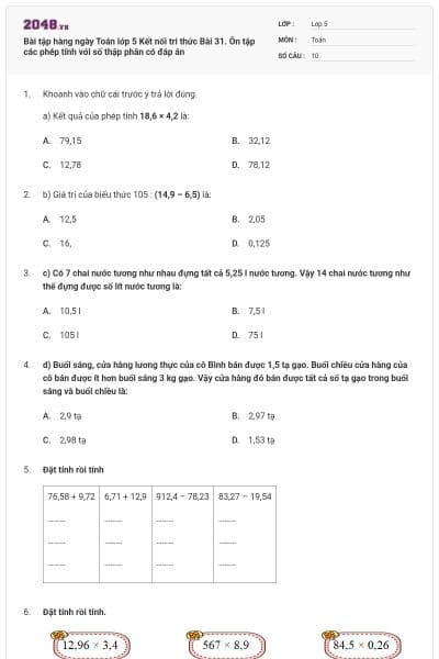 Bài tập hàng ngày Toán lớp 5 Kết nối tri thức Bài 31. Ôn tập các phép tính với số thập phân có đáp án