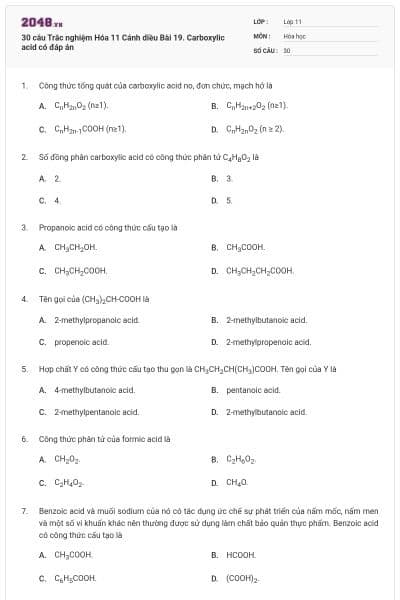 30 câu Trắc nghiệm Hóa 11 Cánh diều Bài 19. Carboxylic acid có đáp án