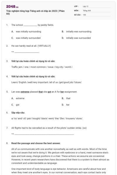Trắc nghiệm tổng hợp Tiếng anh có đáp án 2023 ( Phần 66)