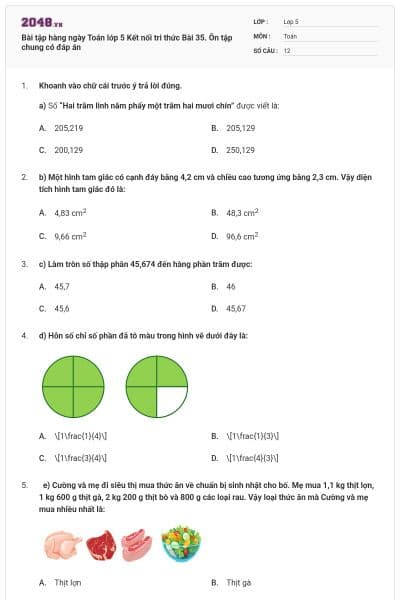 Bài tập hàng ngày Toán lớp 5 Kết nối tri thức Bài 35. Ôn tập chung có đáp án