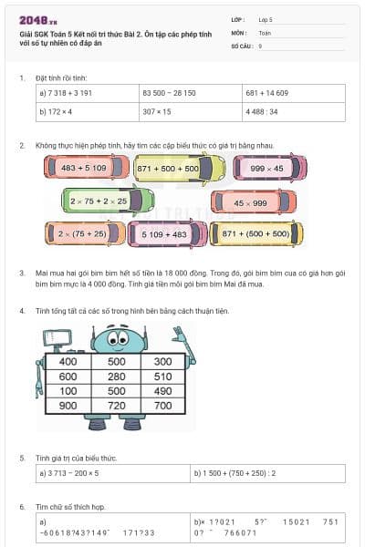 Giải SGK Toán 5 Kết nối tri thức Bài 2. Ôn tập các phép tính với số tự nhiên có đáp án