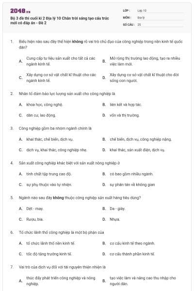 Bộ 3 đề thi cuối kì 2 Địa lý 10 Chân trời sáng tạo cấu trúc mới có đáp án - Đề 2