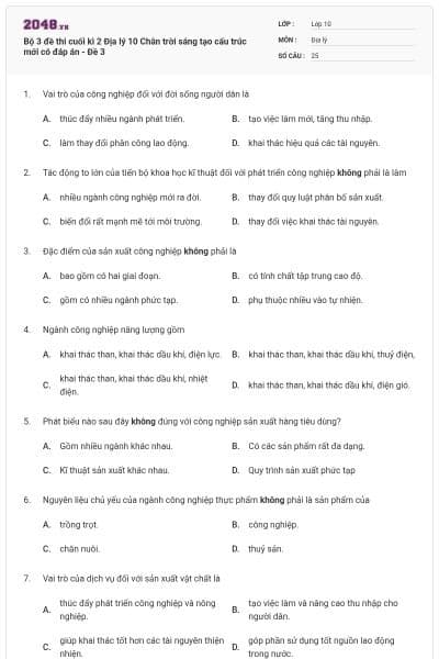 Bộ 3 đề thi cuối kì 2 Địa lý 10 Chân trời sáng tạo cấu trúc mới có đáp án - Đề 3