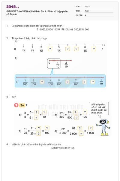 Giải SGK Toán 5 Kết nối tri thức Bài 4. Phân số thập phân có đáp án