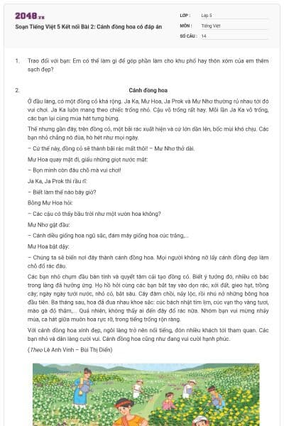 Soạn Tiếng Việt 5 Kết nối Bài 2: Cánh đồng hoa  có đáp án
