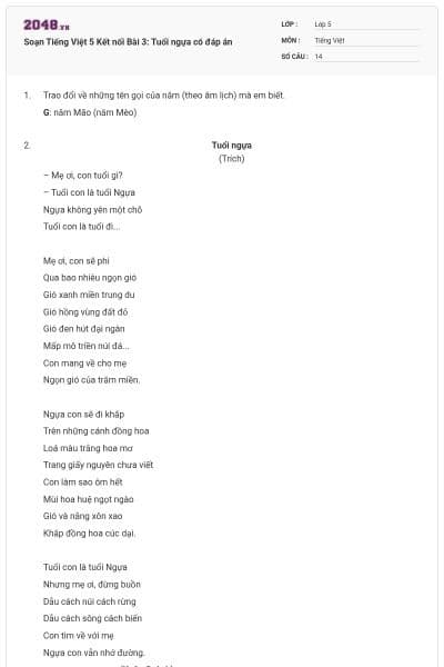 Soạn Tiếng Việt 5 Kết nối Bài 3: Tuổi ngựa có đáp án