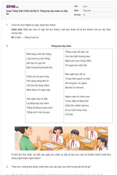 Soạn Tiếng Việt 5 Kết nối Bài 5: Tiếng hạt nảy mầm có đáp án