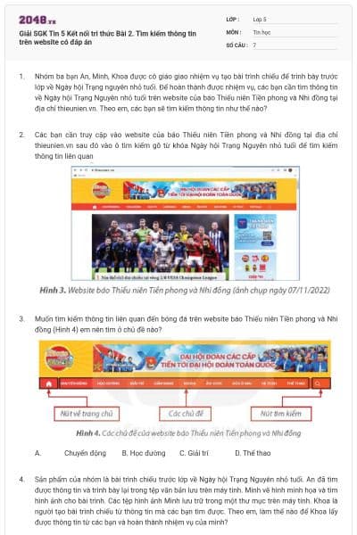 Giải SGK Tin 5 Kết nối tri thức Bài 2. Tìm kiếm thông tin trên website có đáp án