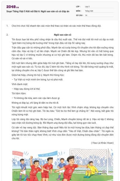 Soạn Tiếng Việt 5 Kết nối Bài 6: Ngôi sao sân cỏ có đáp án