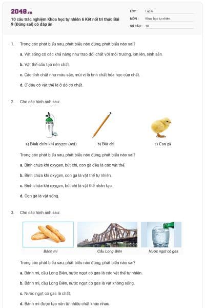 10 câu trắc nghiệm Khoa học tự nhiên 6 Kết nối tri thức Bài 9 (Đúng sai) có đáp án