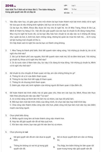 Giải SGK Tin 5 Kết nối tri thức Bài 3. Tìm kiếm thông tin trong giải quyết vấn đề có đáp án