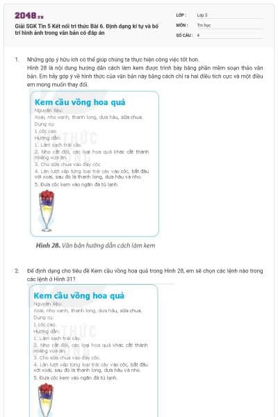 Giải SGK Tin 5 Kết nối tri thức Bài 6. Định dạng kí tự và bố trí hình ảnh trong văn bản có đáp án