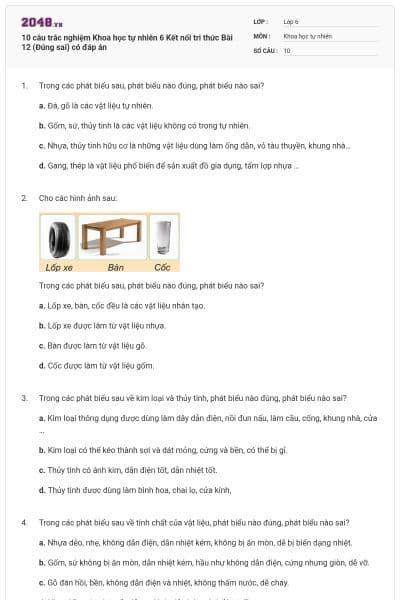 10 câu trắc nghiệm Khoa học tự nhiên 6 Kết nối tri thức Bài 12 (Đúng sai) có đáp án