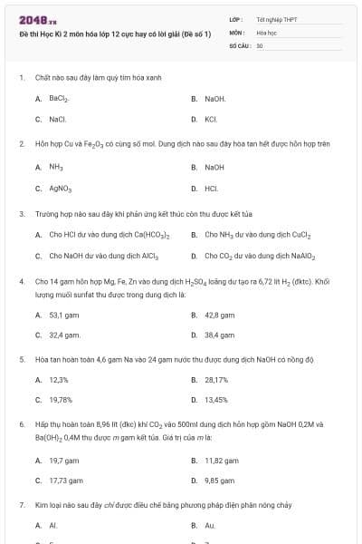 Đề thi Học Kì 2 môn hóa lớp 12 cực hay có lời giải (Đề số 1)