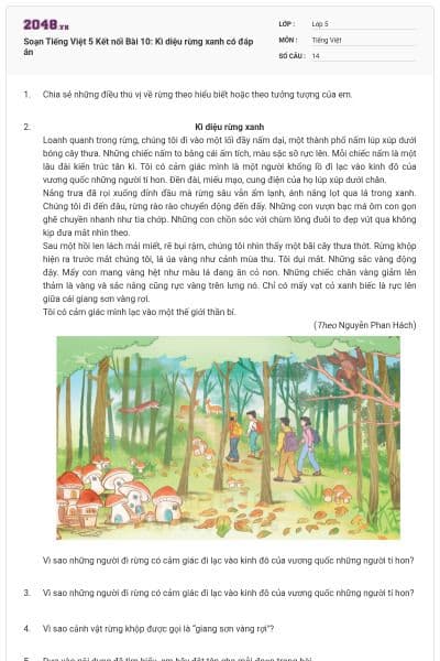 Soạn Tiếng Việt 5 Kết nối Bài 10: Kì diệu rừng xanh có đáp án