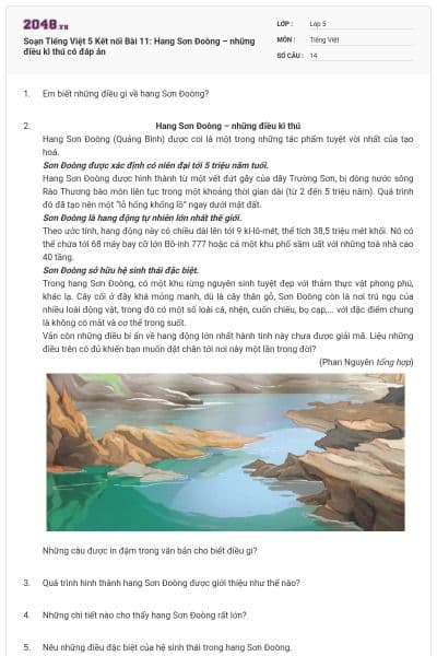 Soạn Tiếng Việt 5 Kết nối Bài 11: Hang Sơn Đoòng – những điều kì thú có đáp án