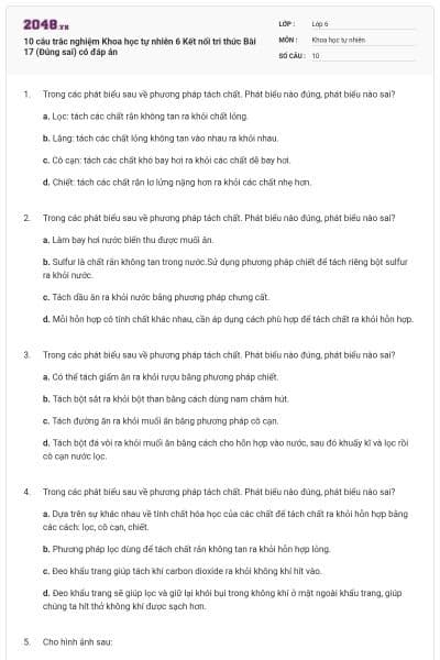 10 câu trắc nghiệm Khoa học tự nhiên 6 Kết nối tri thức Bài 17 (Đúng sai) có đáp án