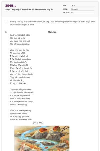 Soạn Tiếng Việt 5 Kết nối Bài 13: Mầm non có đáp án