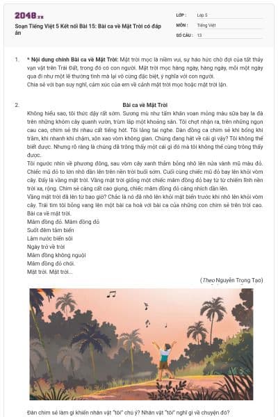 Soạn Tiếng Việt 5 Kết nối Bài 15: Bài ca về Mặt Trời có đáp án