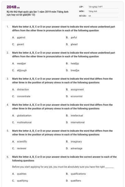 Kỳ thi thử thpt quốc gia lần 1 năm 2019 môn Tiếng Anh cực hay có lời giải(Đề 13)