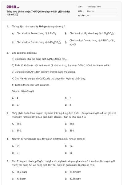 Tổng hợp đề ôn luyện THPTQG Hóa học có lời giải chi tiết (Đề số 20)
