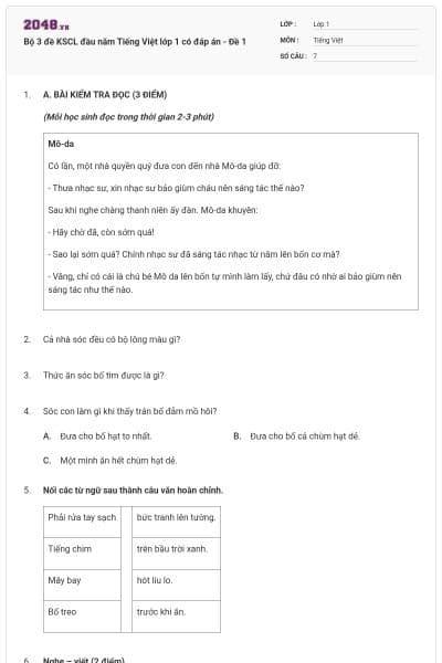 Bộ 3 đề KSCL đầu năm Tiếng Việt lớp 1 có đáp án - Đề 1