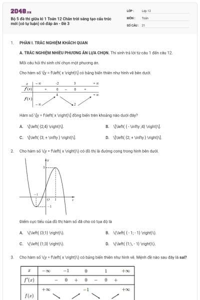 Bộ 5 đề thi giữa kì 1 Toán 12 Chân trời sáng tạo cấu trúc mới (có tự luận) có đáp án - Đề 3