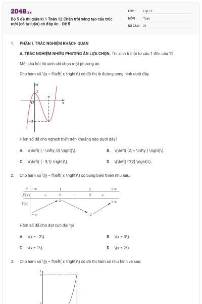 Bộ 5 đề thi giữa kì 1 Toán 12 Chân trời sáng tạo cấu trúc mới (có tự luận) có đáp án - Đề 5
