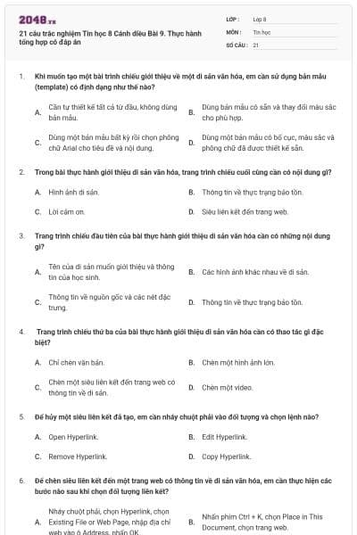 21 câu trắc nghiệm Tin học 8 Cánh diều Bài 9. Thực hành tổng hợp có đáp án