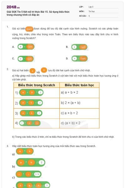 Giải SGK Tin 5 Kết nối tri thức Bài 15. Sử dụng biểu thức trong chương trình có đáp án