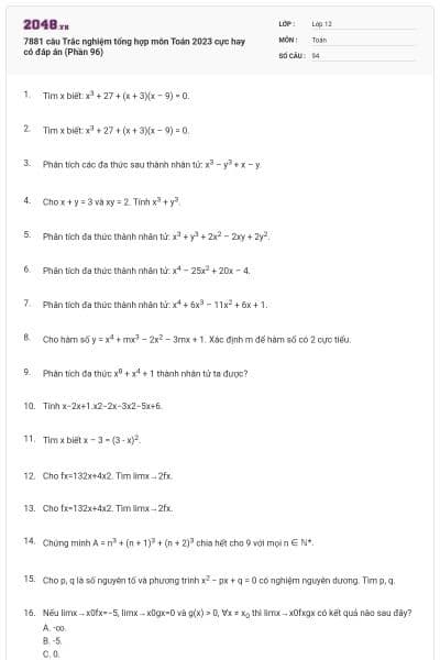 7881 câu  Trắc nghiệm tổng hợp môn Toán 2023 cực hay có đáp án (Phần 96)