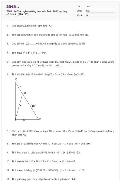 7881 câu  Trắc nghiệm tổng hợp môn Toán 2023 cực hay có đáp án (Phần 97)