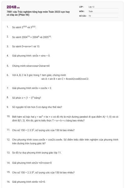 7881 câu  Trắc nghiệm tổng hợp môn Toán 2023 cực hay có đáp án (Phần 98)