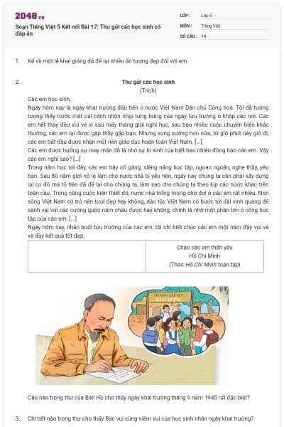 Soạn Tiếng Việt 5 Kết nối Bài 17: Thư gửi các học sinh có đáp án