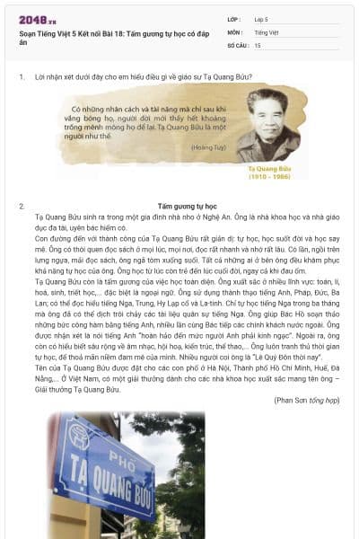 Soạn Tiếng Việt 5 Kết nối  Bài 18: Tấm gương tự học có đáp án